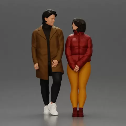 Couple in winter outfits stands by car, calm and stylish. by 3DGeschaft Miniatures Figures