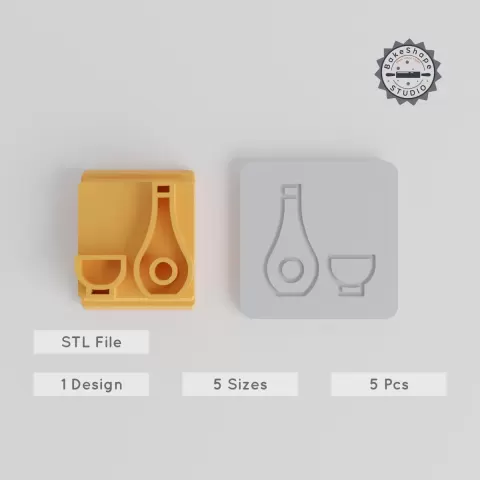 Sake Stamp Tile Set, 5 Sizes, Perfect for Clay, Cookies & Fondant, Traditional Japanese Beverage Design PRODUCT_4463