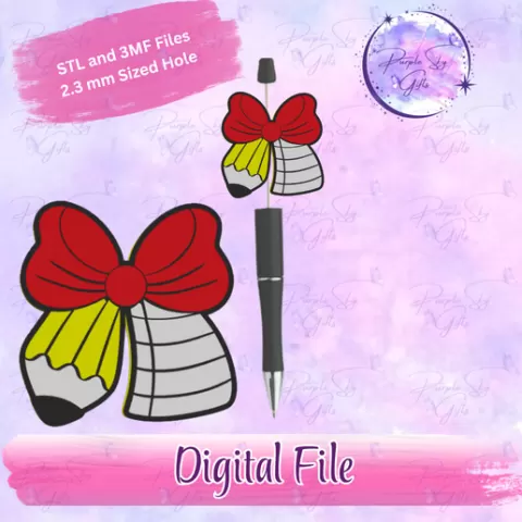 Teacher Round Pencil Bow Focal Bead with 2.3 mm hole for Pens, Badges, Keychains, etc. STL and 3MF DIGITAL FILES for 3D Printing