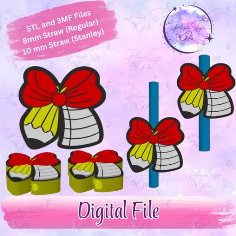 Teacher Apple Pencil Bow STL and 3MF DIGITAL FILES For Straw Topper - 8 mm and 10 mm Sizes - 3 Files