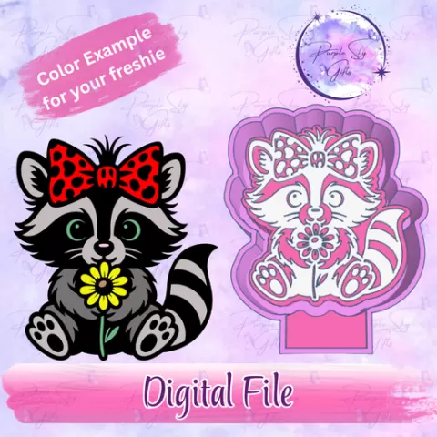 Cute Raccoon with Bow and Flower STL DIGITAL FILE For 3D Printer - Freshie, Silicone Mold Resin Art, Wax Melts, Candy Molds, Mold Housing