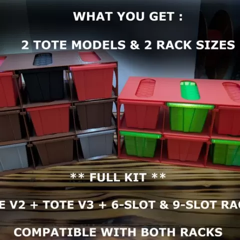 2 MODELS - STACKABLE MINI TOTE & RACK – IMPROVED SNAP LID / THINNER - / LARGER (V2/V3) - COMMERCIAL USE