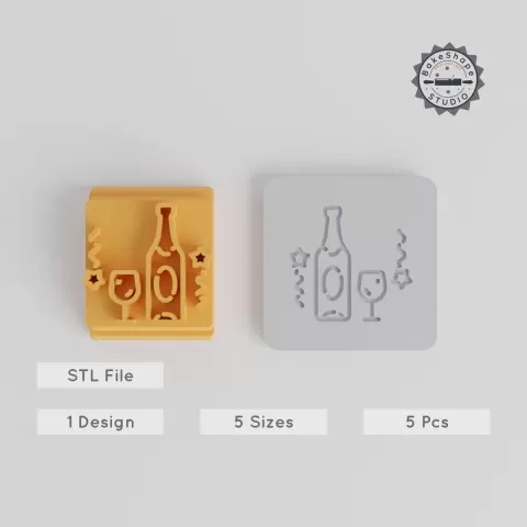 Champagne Stamp Tile Set, Five Motif Sizes, Perfect for Clay, Cookies & Fondant, Celebration Drink Design PRODUCT_3811