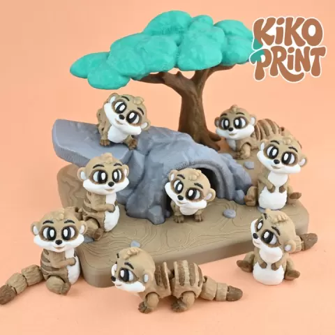 Cute Flexi Meerkat with a Burrow Diorama Playset Print-in-place & Keychain by Kiko Print