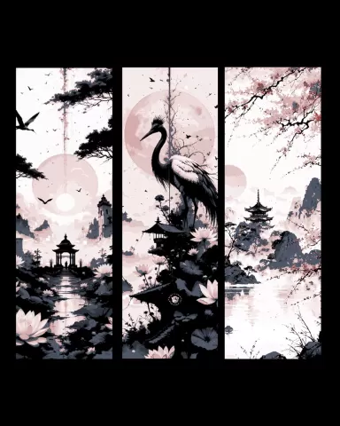 Elegant pen and ink drawings of like long ago in Japan - Set of bookmarks