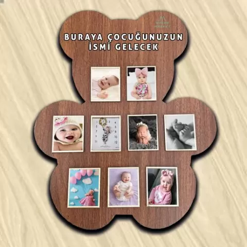 Teddy Ayı Ahşap Fotoğraf Pano | Lazer Kesim Bebek Anı Çerçevesi – Wooden Laser Cut Teddy Bear Photo Collage Board