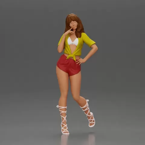 Confident and Stylish Woman in Chic Summer Outfit Posing Playfully by 3DGeschaft Miniatures Figures