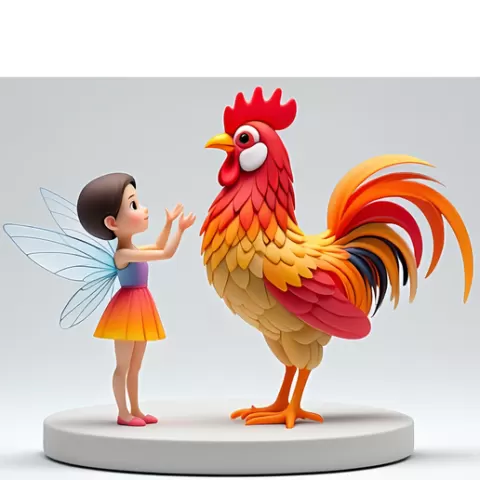 2897 Colorful 3D Model of a Fairy Playing with a Rooster on Base, magic, witch, werewolf, fantasy, wood, base, sword, warrior, wild, dnd, cat, monster, dog, fair, lion, lion, fox, faun, rooster, beast