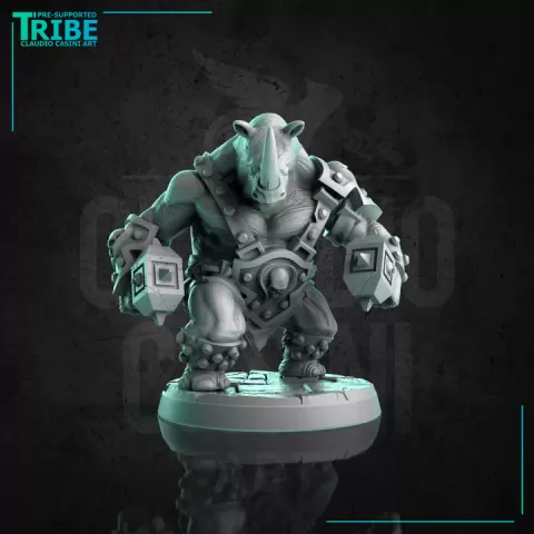 (0263) Male rhinoceros folk barbarian warrior with two hammers by Claudio Casini Art