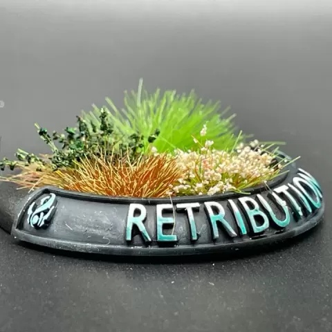 Warmahordes Retribution of Scyrah 180 degree arc marker and editable BaseTag / Nameplate by Tagmybase.com