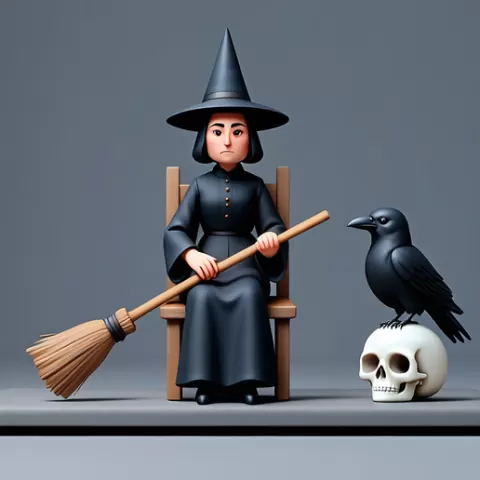 2886 Witch with Broom, Raven and Skull - Colorful Full-Body Figurine, magic, creature, fantasy, wood, gnome, gorgon, warrior, wild, fox, monster, cat, dog, fair, witch, werewolf, horror, beast, gothic, troll