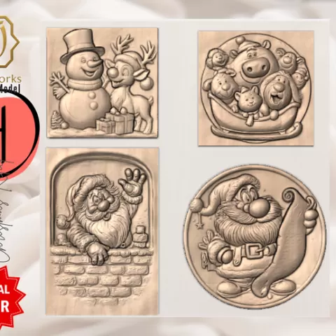 Christmas 3D Relief STL Bundle | Santa, Snowman & Reindeer CNC Models | Holiday Wall Art Digital Download