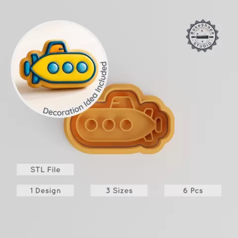 Submarine Shape Cutter & Stamp, Underwater Vessel Cookie & Fondant Tool, S/M/L Sizes, 6-Piece Set PRODUCT_1147