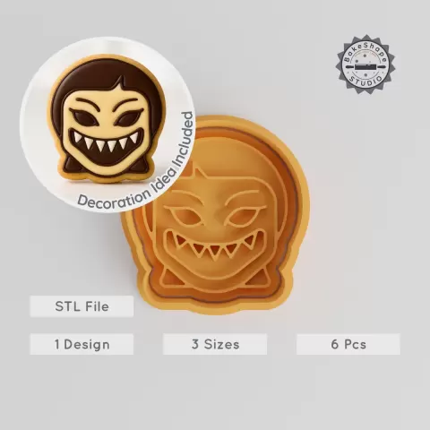 Demon Girl Cookie Cutter & Stamp Set, Scary Face, Halloween Emojis, 3 Sizes S/M/L, Horror Baking Fun PRODUCT_957