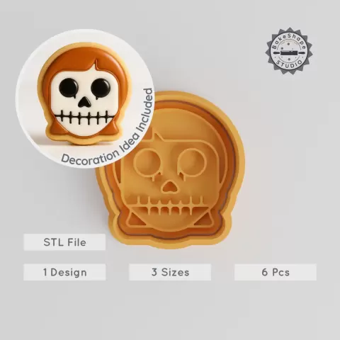 Skull Girl Cutter & Stamp Set, Halloween Cookie & Fondant Decoration, 3 Sizes, Spooky & Horror Design PRODUCT_958