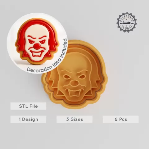 Scary Clown Cookie Cutter & Stamp Set, 6-Piece, Halloween Horror Design, S/M/L Sizes, Perfect for Fondant & Baked Goods PRODUCT_972