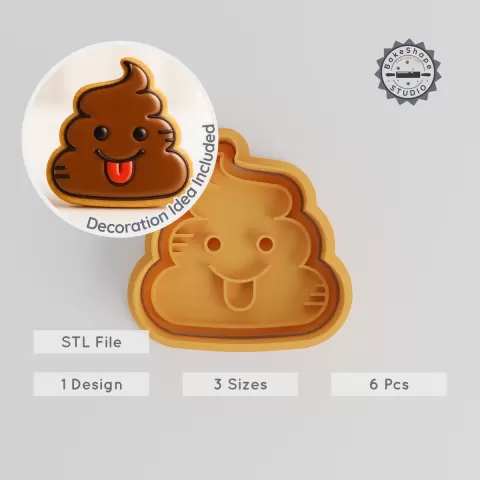 Funny Emoji Cookie Cutter & Stamp Set, Poop Design, Emoji Feces with Playful Face, 6 Piece Bundle, S/M/L Sizes PRODUCT_356