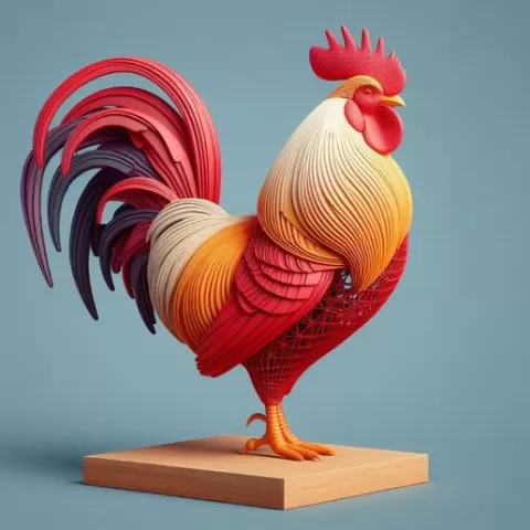 2871 Multicolored Rooster on Base - Color 3D Model, pug, dachshund, poodle,dogue, camel, elephant, rooster, bear, lion, pomeranian, donkey, wolf, totem, newfoundland, bat, low poly, armadillo, galgo