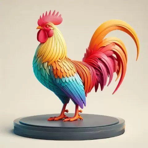 2866 Multicolored Rooster on Base - Color 3D Model, pug, dachshund, poodle,dogue, camel, elephant, rooster, bear, lion, pomeranian, donkey, wolf, totem, newfoundland, bat, low poly, armadillo, galgo