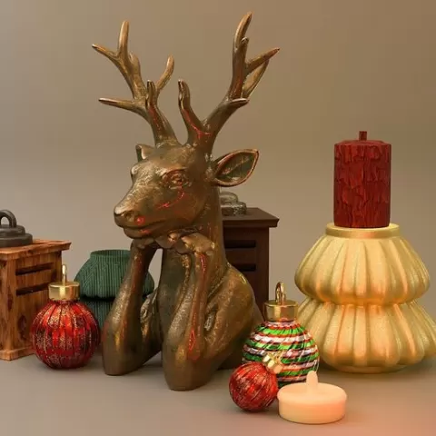 Christmas Decoration Miniature Set – Reindeer Bust, Lanterns, Ornaments, Tree Vases & Candle Holder | 1:12 Dollhouse STL