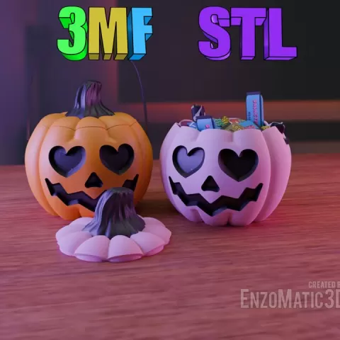 Pumpkin with heart eyes - Candy bucket trick or treat, Halloween, spooky horror - 3MF, STL by EnzoMatic3D