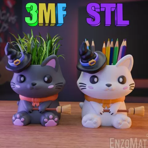 Halloween cat - flowerpot, organizer, pencil holder - 3MF, STL - Multiparts - Print in place, No Support by EnzoMatic3D