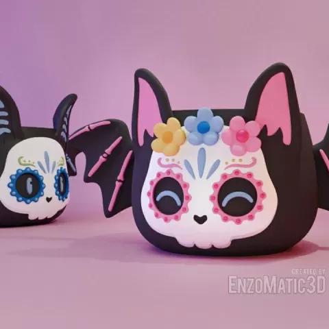 bat planter with day of the dead catrina mask, candy skull, pencil holder - stl, 3MF by EnzoMatic3D