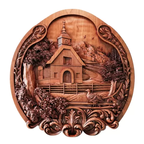 Mountain Landscape Wood Carving STL | Cabin, Flowers, Woodland Scene