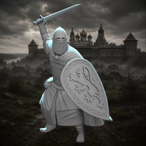 Medieval Kievan Rus Warrior with Sword & Heraldic Shield | 28mm/32mm STL | Wargaming Miniature & TTRPG by Northern Crusades Miniatures