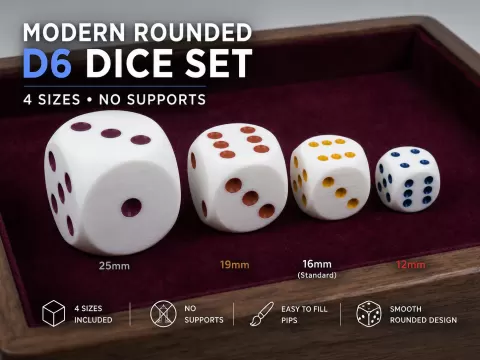 Modern Rounded D6 Dice Set (4 Sizes, No Supports)