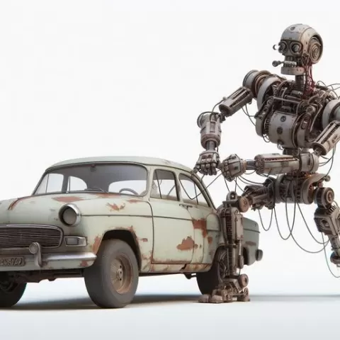 Robotic Man Pushing Car | Futuristic 3D Scene | Dynamic Vehicle Moment | Sci-Fi Transport Model | Movie-Style Environment