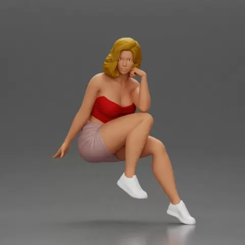 Confident Blonde Woman Sitting Gracefully in Red and Pink by 3DGeschaft Miniatures Figures