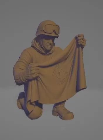 Malvinense Soldier kneeling with flag
