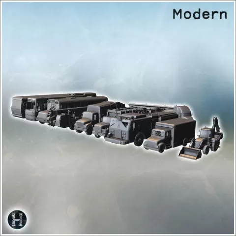 Set of public vehicles (bus, lorry, school bus, crane, ambulance and JCB truck) (7) - Modern WW2 WW1 World War Diaroma Wargaming RPG Mini Hobby by Hartolia Miniatures