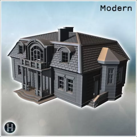 Elegant villa featuring arched windows, sloped tiled roof, balcony, and a decorative central staircase (17) - Modern WW2 WW1 World War Diaroma Wargaming RPG Mini Hobby by Hartolia Miniatures