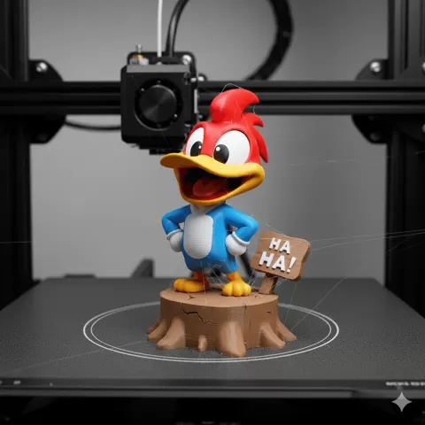 Chibi Woody STL – Funny Cartoon Bird 3D Print on Tree Stump – Fan Art Model for Collectors