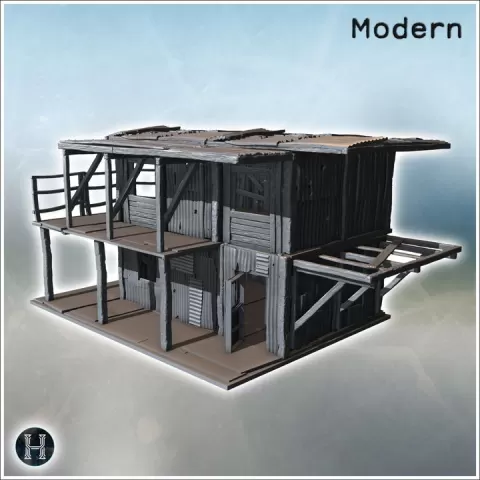 Two-story wooden shack with open balcony, corrugated metal walls, and partially broken structure (14) - Modern WW2 WW1 World War Diaroma Wargaming RPG Mini Hobby by Hartolia Miniatures