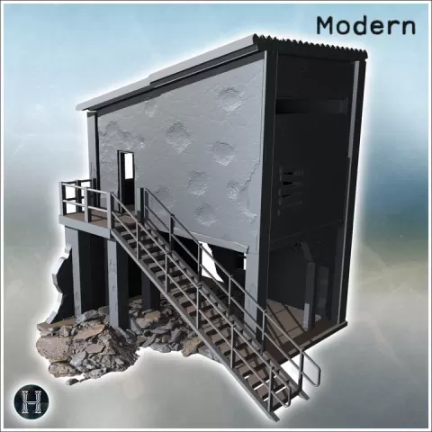 Two-story building with damaged exterior walls and an attached makeshift shed in rugged surroundings (8) - Modern WW2 WW1 World War Diaroma Wargaming RPG Mini Hobby by Hartolia Miniatures