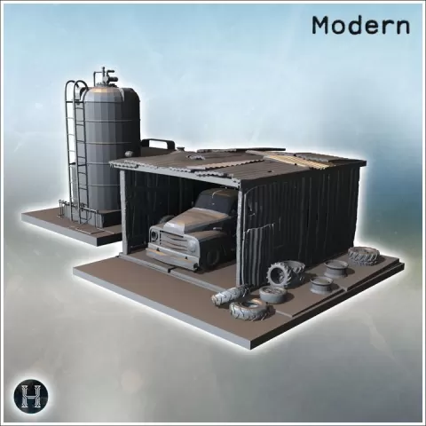 Garage-style structure with adjacent fuel tank and various tires scattered around the area (13) - Modern WW2 WW1 World War Diaroma Wargaming RPG Mini Hobby by Hartolia Miniatures