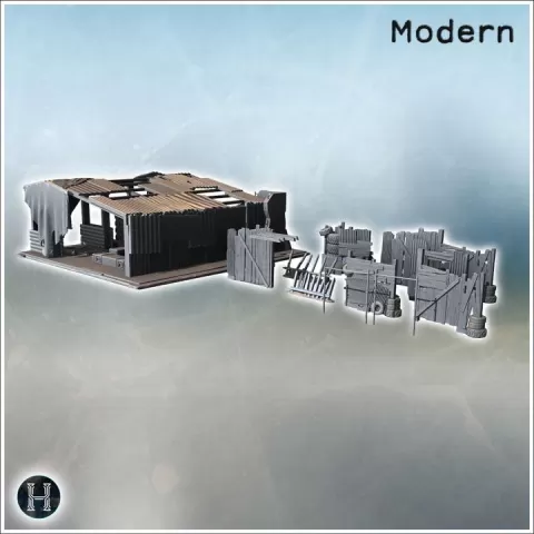 Shanty structures with makeshift walls, wooden fences, and debris in a post-apocalyptic style (7) - Modern WW2 WW1 World War Diaroma Wargaming RPG Mini Hobby by Hartolia Miniatures