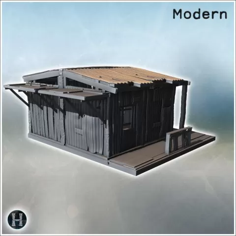 Small corrugated metal hut with damaged roof and wooden supports on a simple platform (12) - Modern WW2 WW1 World War Diaroma Wargaming RPG Mini Hobby by Hartolia Miniatures