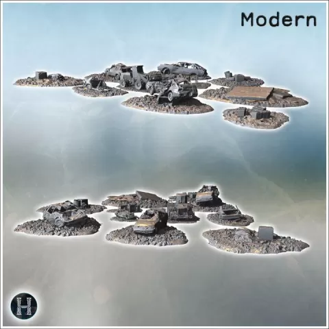 Damaged vehicles scattered across debris-filled terrain, including wrecked cars and machinery (1) - Modern WW2 WW1 World War Diaroma Wargaming RPG Mini Hobby by Hartolia Miniatures