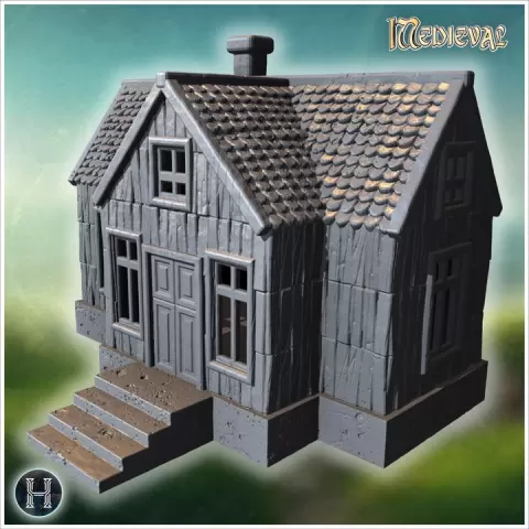 Rustic wooden house with detailed railing and steep shingle roof (62) - Medieval Gothic Feudal Old Archaic Saga 28mm 15mm RPG by Hartolia Miniatures