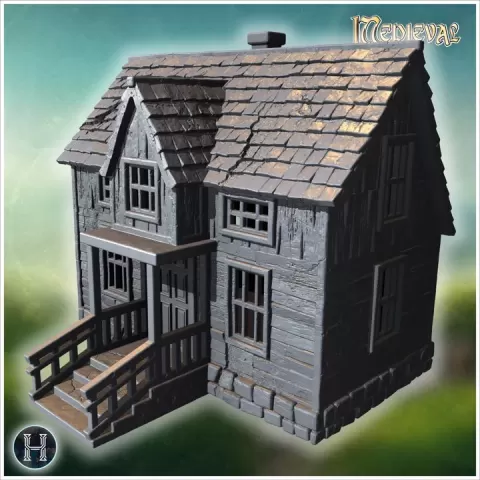 Cozy wooden house with extended porch and detailed shingle roof (59) - Medieval Gothic Feudal Old Archaic Saga 28mm 15mm RPG by Hartolia Miniatures