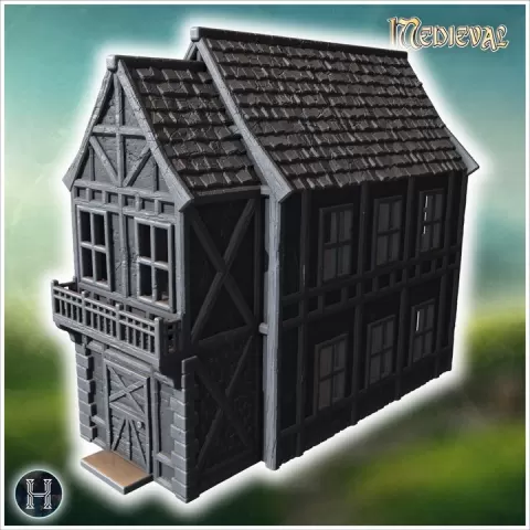 Timber-framed house with a wooden balcony, decorative beams, and a steep tiled roof (49) - Medieval Gothic Feudal Old Archaic Saga 28mm 15mm RPG by Hartolia Miniatures