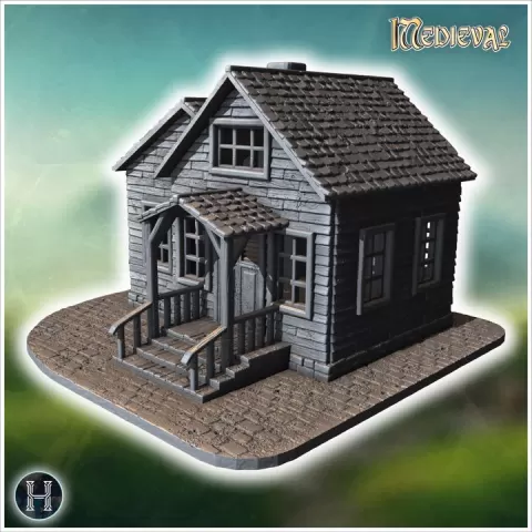 Wooden house with a covered porch, intact roof shingles, and wooden railing on stone steps (36) - Medieval Gothic Feudal Old Archaic Saga 28mm 15mm RPG by Hartolia Miniatures
