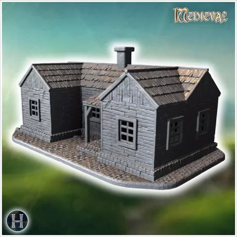 Wooden house with a chimney, intact walls, and a covered entrance on a cobblestone base (34) - Medieval Gothic Feudal Old Archaic Saga 28mm 15mm RPG by Hartolia Miniatures