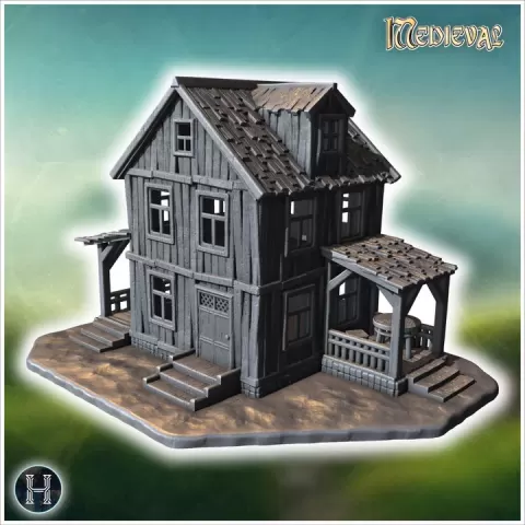 Two-story wooden house with a covered porch, damaged roof, and wooden planks scattered around (32) - Medieval Gothic Feudal Old Archaic Saga 28mm 15mm RPG by Hartolia Miniatures