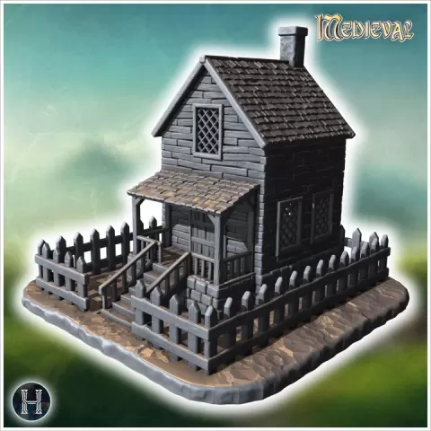 Intact wooden house with a picket fence, front porch, and a chimney on a stone base (28) - Medieval Gothic Feudal Old Archaic Saga 28mm 15mm RPG by Hartolia Miniatures