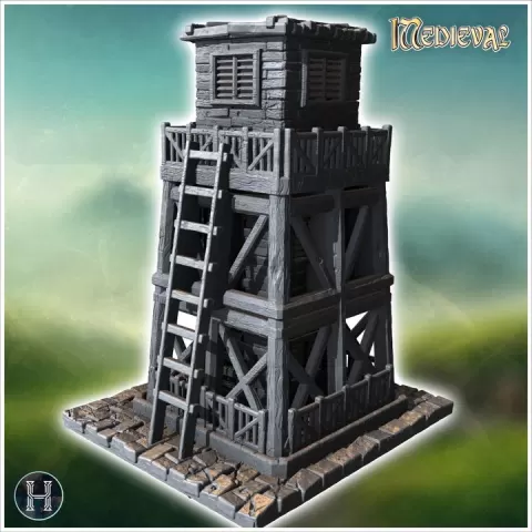Tall wooden watchtower with ladder access, weathered planks, and a platform with railings on top (26) - Medieval Gothic Feudal Old Archaic Saga 28mm 15mm RPG by Hartolia Miniatures
